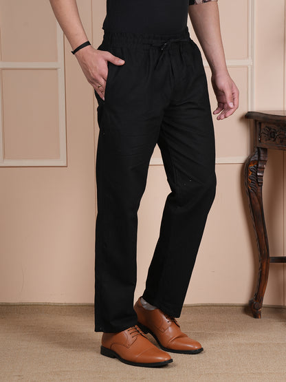Men Relaxed Straight Leg Easy Wash Black Linen Blend Trousers
