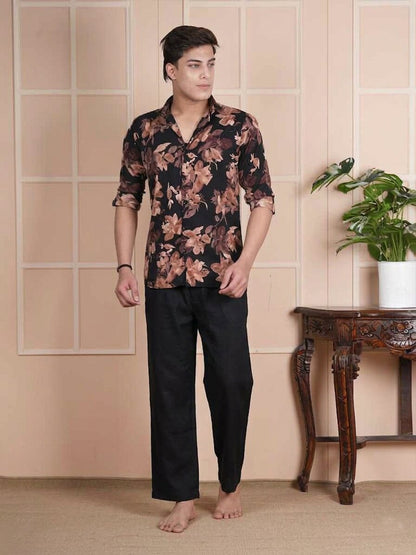 Men Mid-Rise Straight Black Linen Blend Lounge Pants