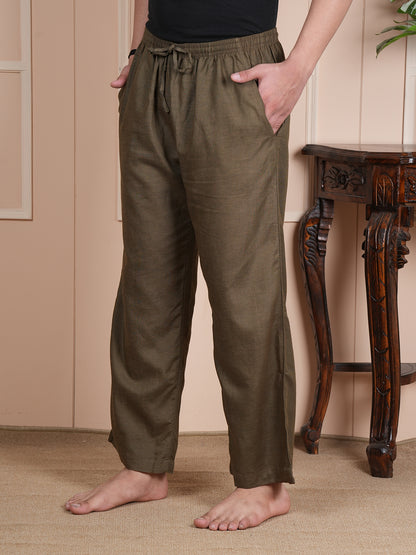 Men Mid-Rise Straight Olive Green Linen Blend Lounge Pants