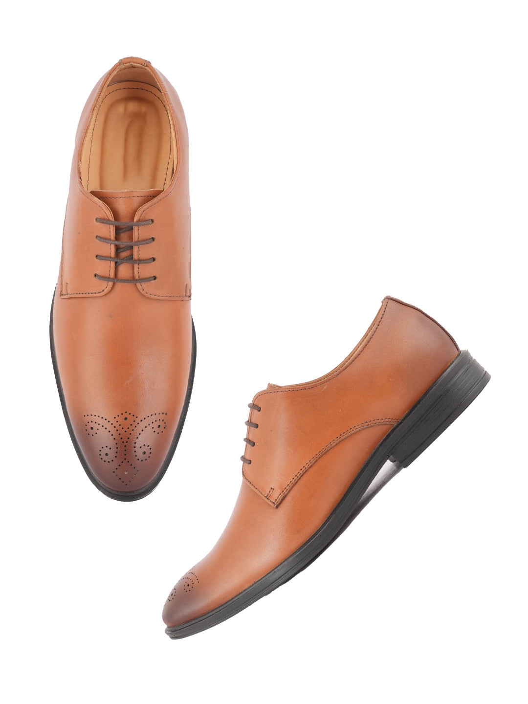 Tan Men Textured Leather Round Toe Formal Derbys