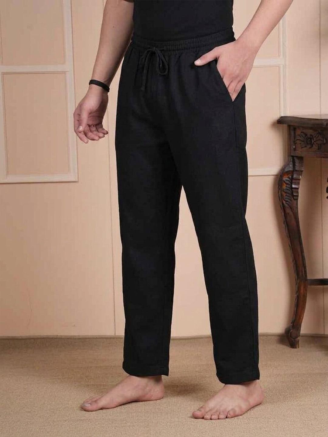 Men Mid-Rise Straight Black Linen Blend Lounge Pants