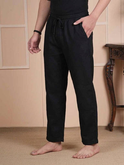 Men Mid-Rise Straight Black Linen Blend Lounge Pants