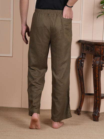 Men Mid-Rise Straight Olive Green Linen Blend Lounge Pants