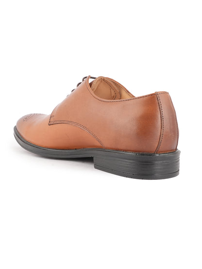Tan Men Textured Leather Round Toe Formal Derbys