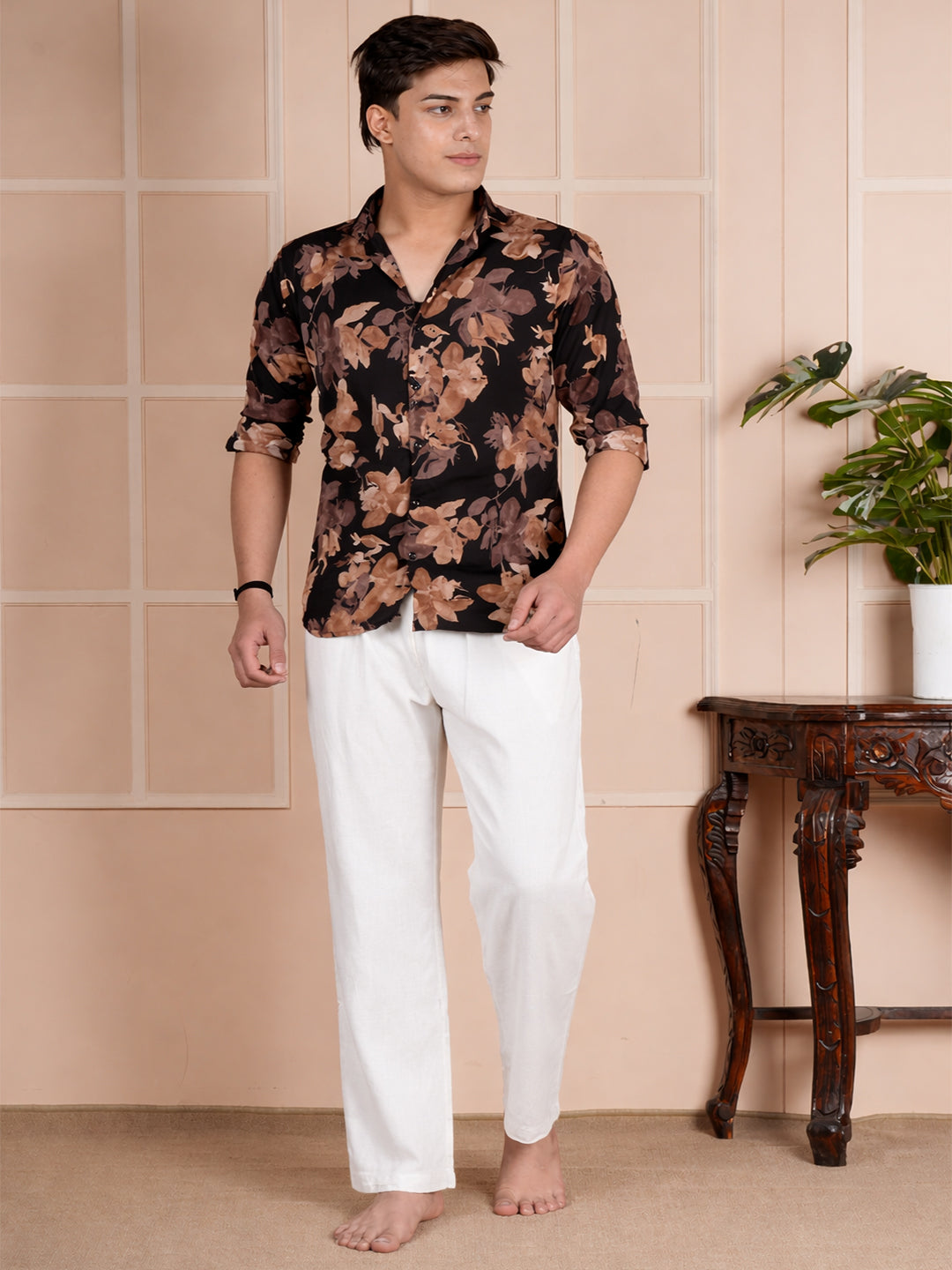Men Mid-Rise Straight White Linen Blend Lounge Pants
