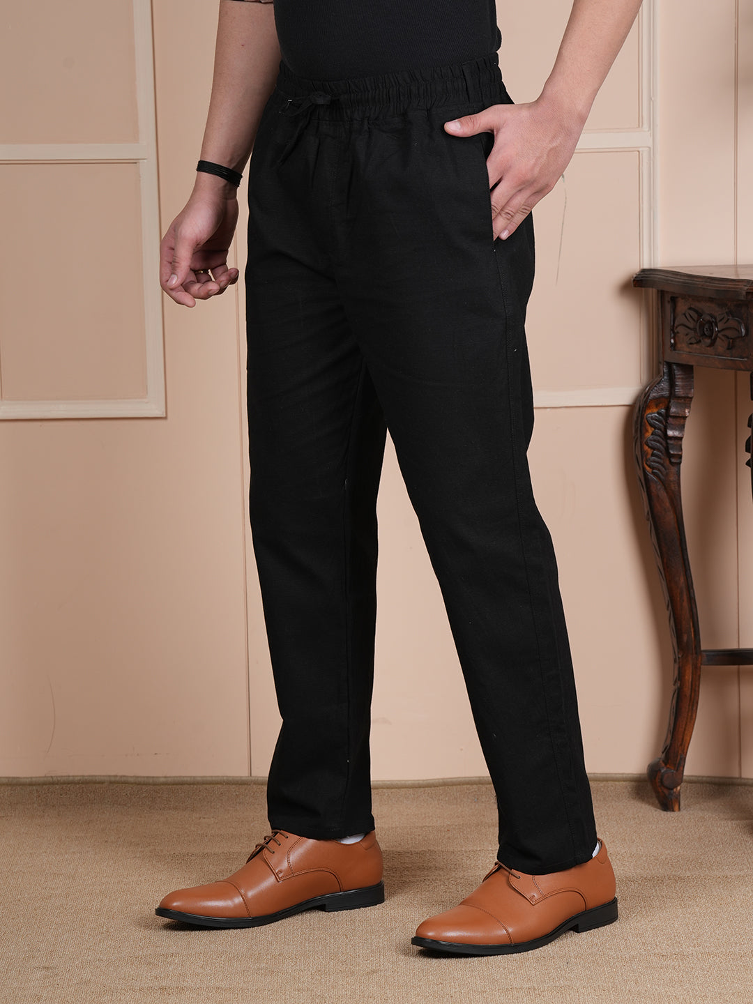 Men Relaxed Straight Leg Easy Wash Black Linen Blend Trousers