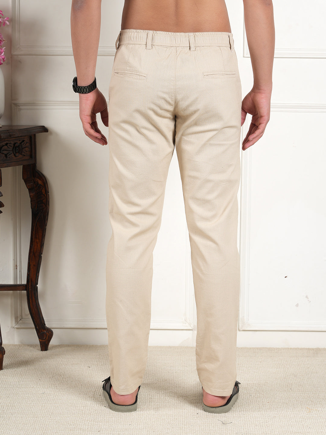 Men Relaxed Straight Leg High-Rise Easy Wash Beige Linen Trousers