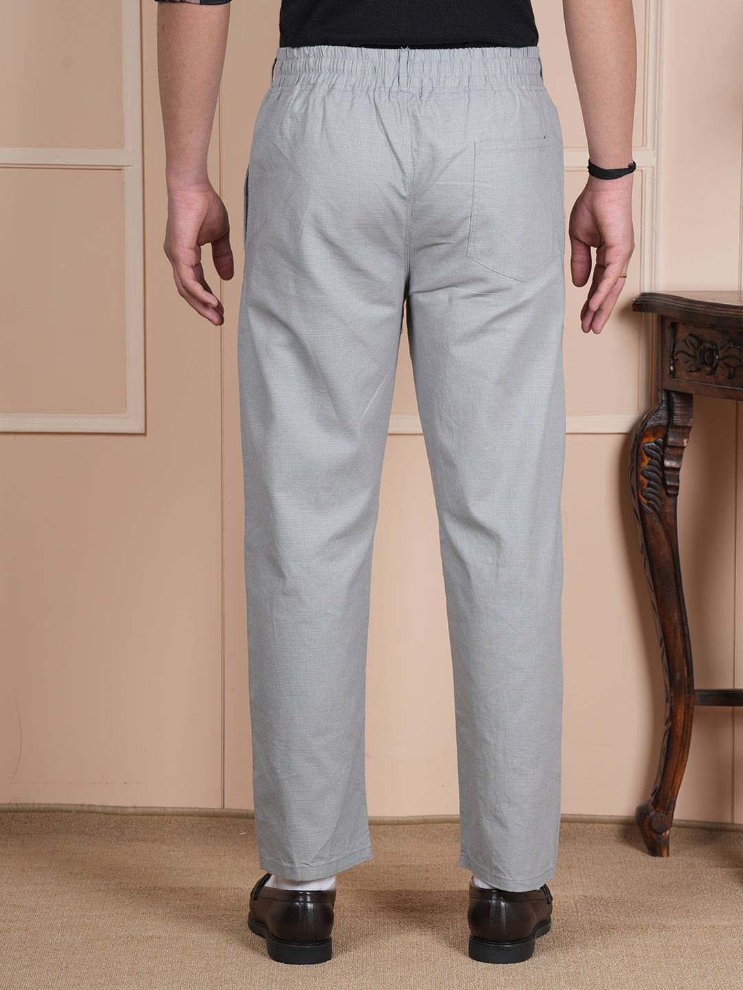 Men Relaxed Straight Leg Easy Wash Grey Linen Blend Trousers