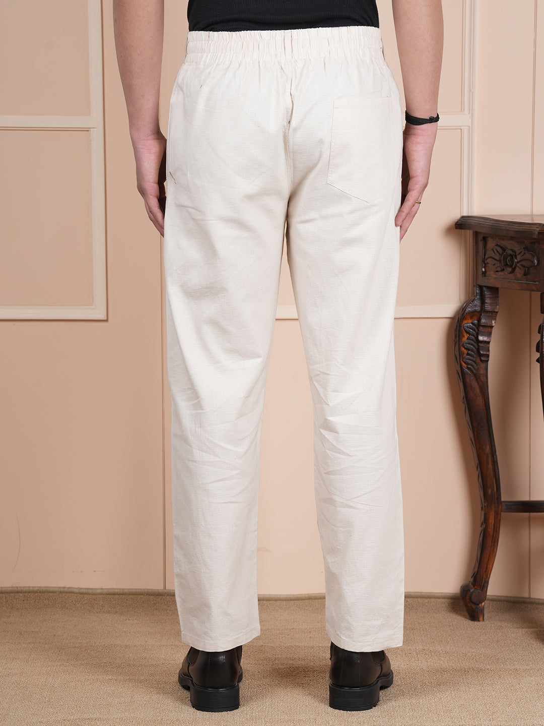 Men Relaxed Straight Leg Easy Wash Cream Linen Blend Trouser