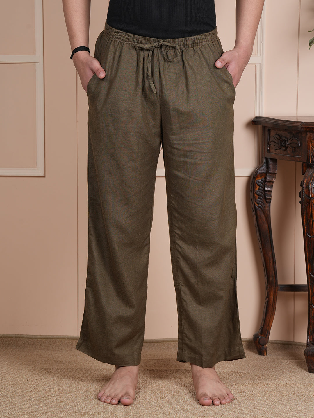 Men Mid-Rise Straight Olive Green Linen Blend Lounge Pants
