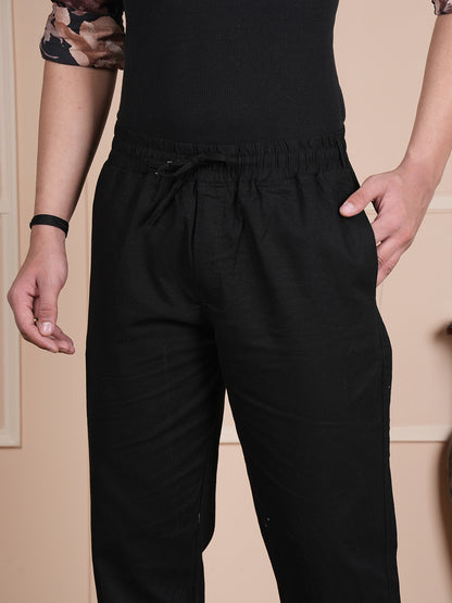 Men Relaxed Straight Leg Easy Wash Black Linen Blend Trousers