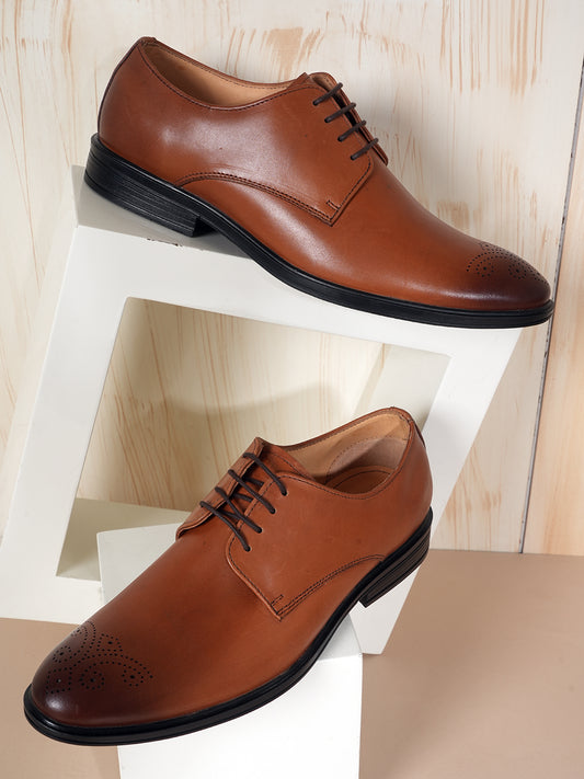 Tan Men Textured Leather Round Toe Formal Derbys