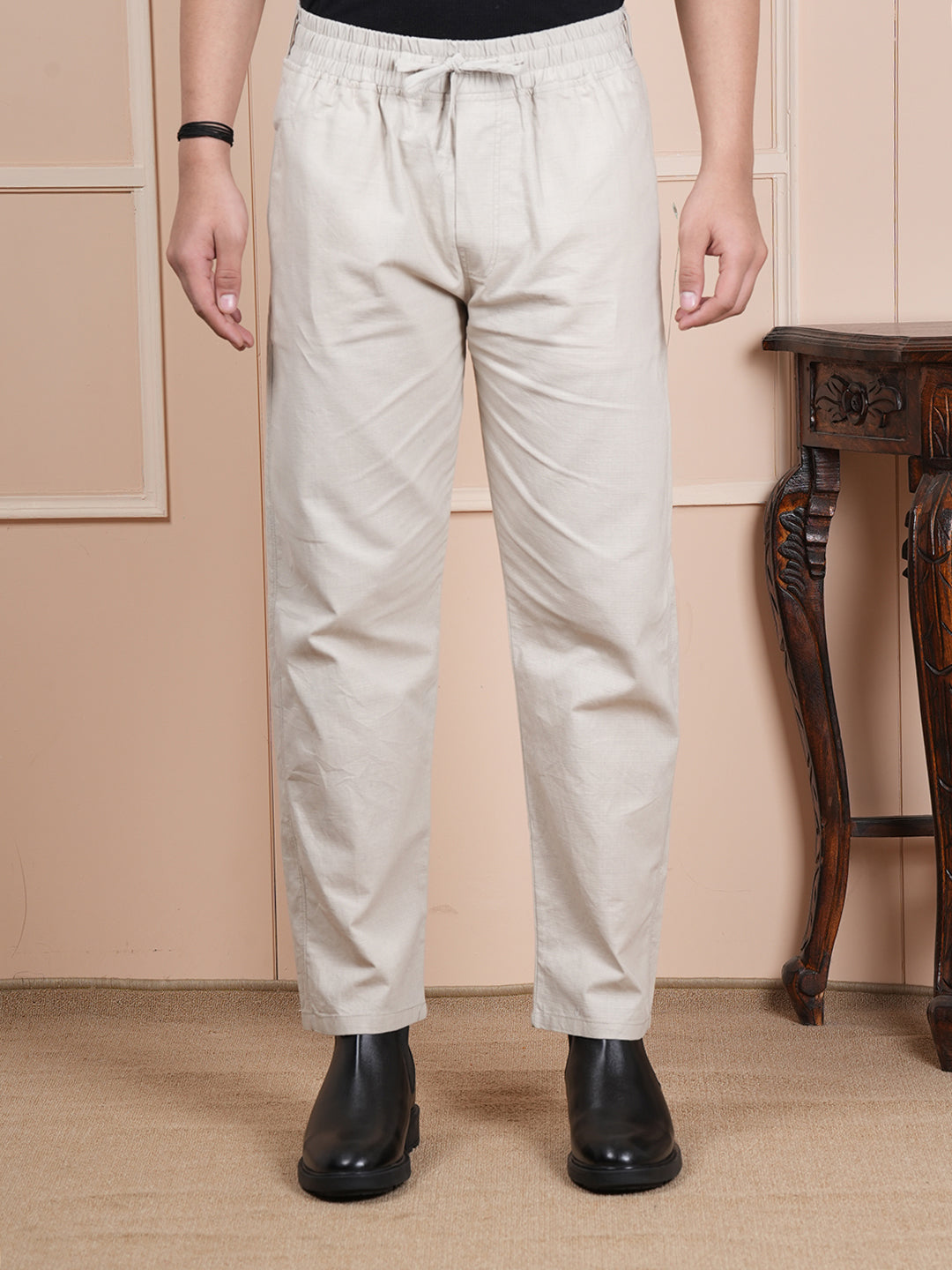 Men Relaxed Straight Leg Easy Wash Beige Linen Blend Trouser