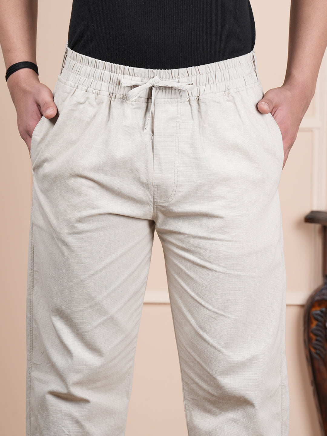 Men Relaxed Straight Leg Easy Wash Beige Linen Blend Trouser