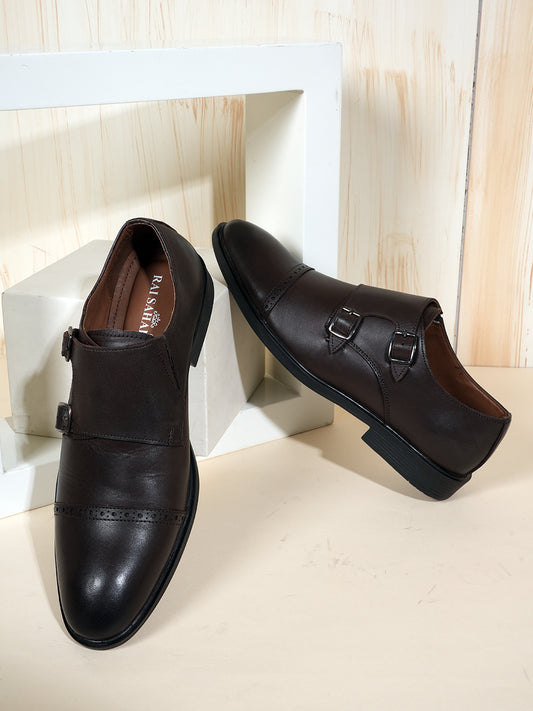 Brown Men Leather Formal Monk Shoes