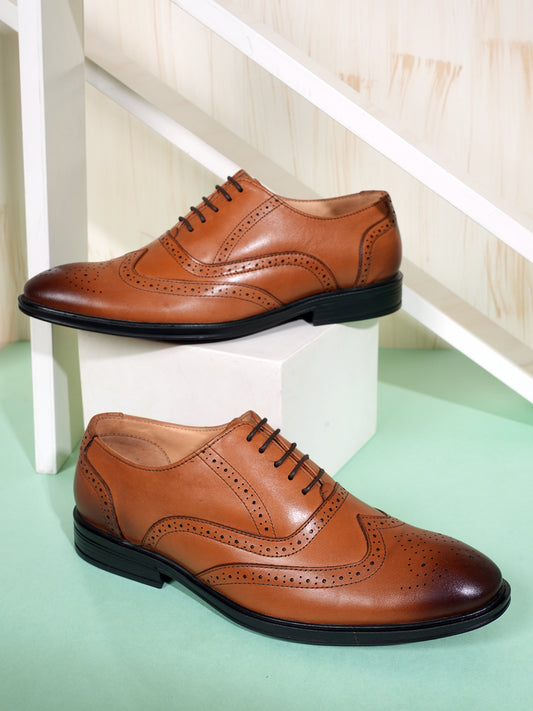 Tan Lace Up Men Leather Formal Brogue Shoes