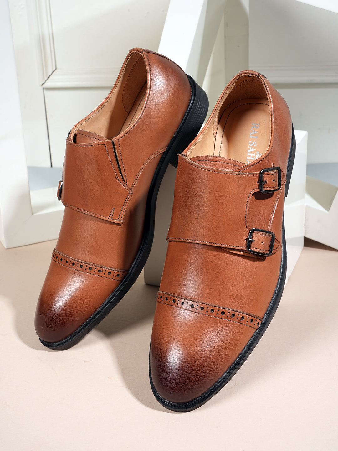 Tan Men Leather Formal Monk Shoes
