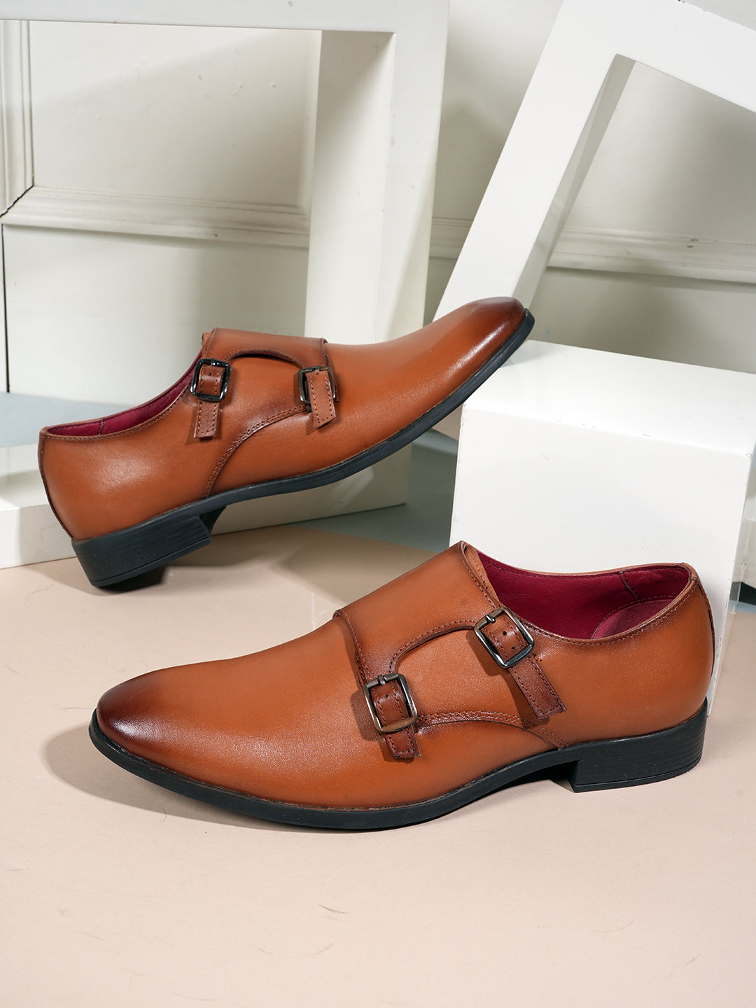 Tan Men Leather Formal Monk Shoes