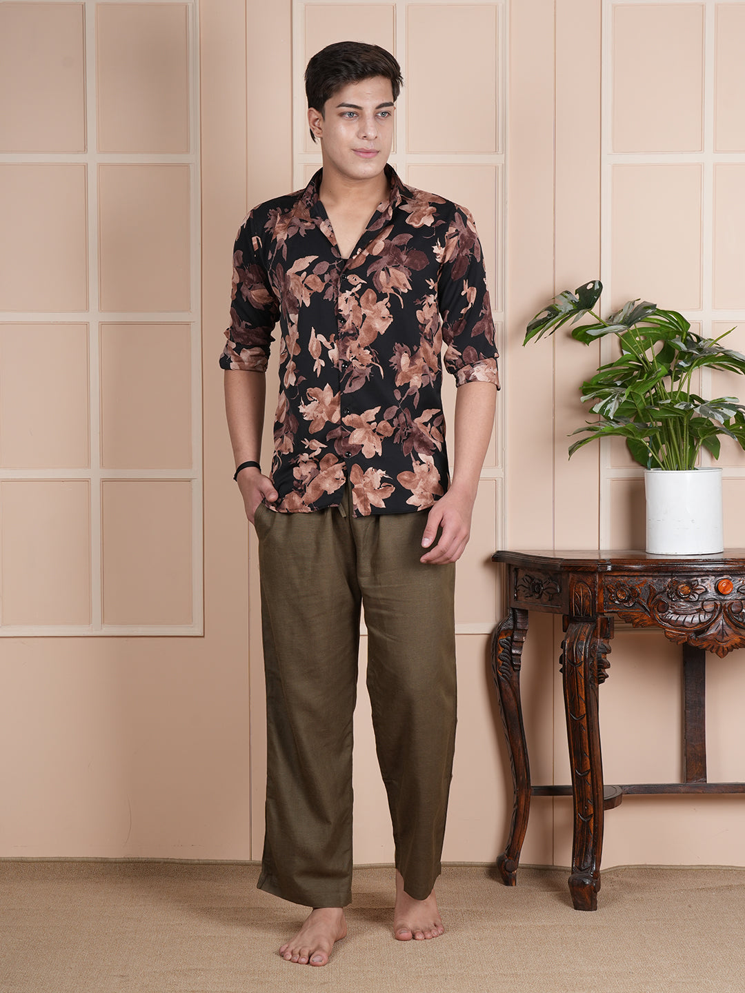 Men Mid-Rise Straight Olive Green Linen Blend Lounge Pants