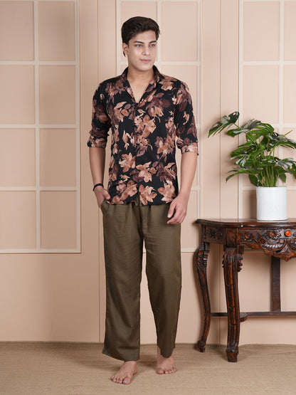 Men Mid-Rise Straight Olive Green Linen Blend Lounge Pants