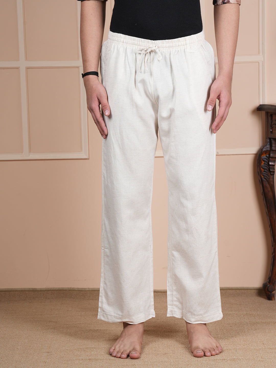 Men Mid-Rise Straight Cream Linen Blend Lounge Pants