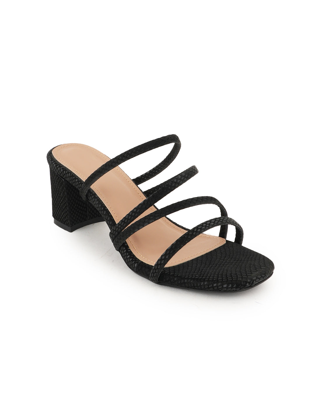 Style Shoes Black Textured Block Heeled Sandal for Women and Girls