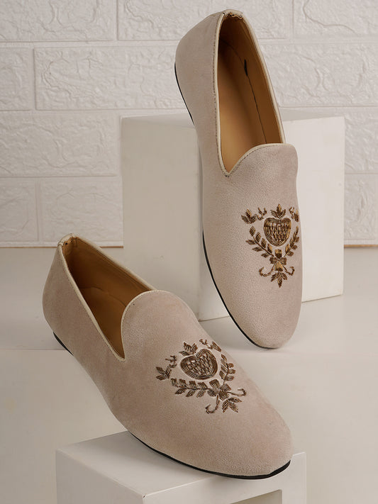 White Gold Toned Embroidered Suede Loafers Shoes for Men