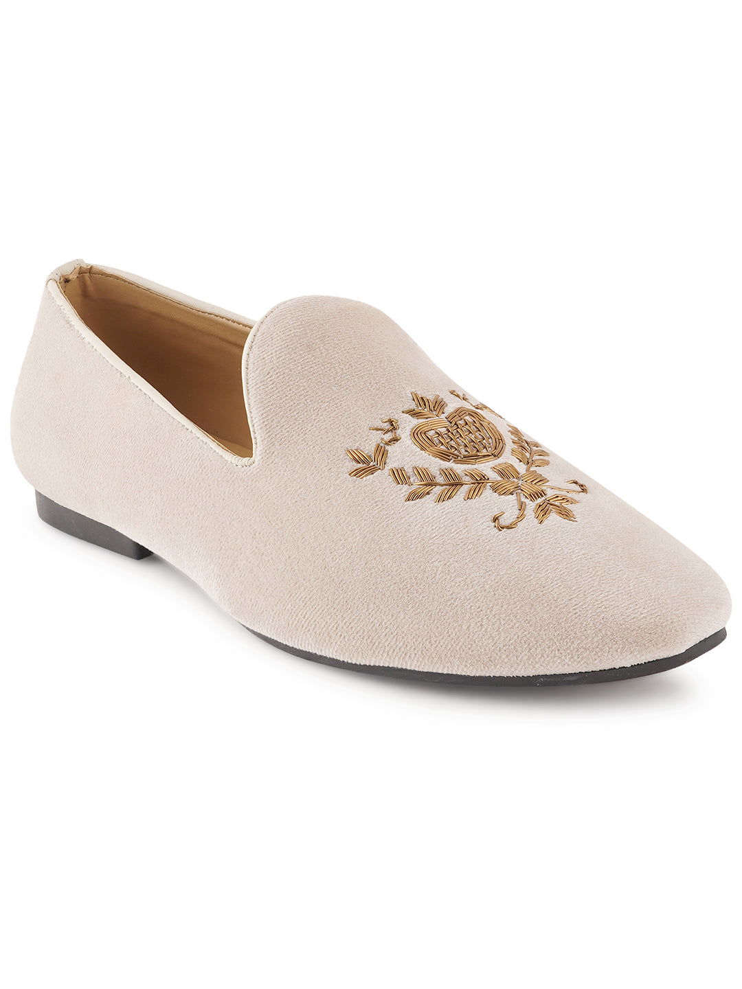 STYLE SHOES White Gold Toned Embroidered Suede Loafers Shoes for Men