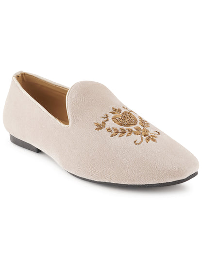 STYLE SHOES White Gold Toned Embroidered Suede Loafers Shoes for Men