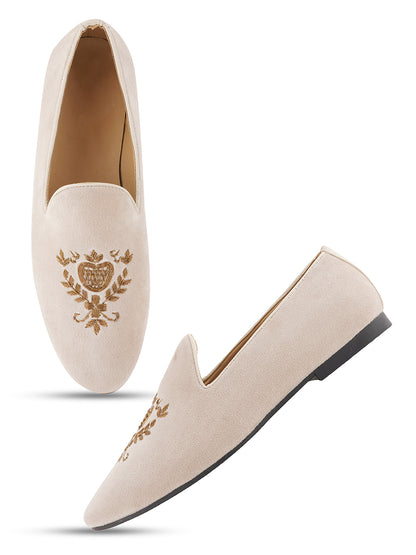 STYLE SHOES White Gold Toned Embroidered Suede Loafers Shoes for Men