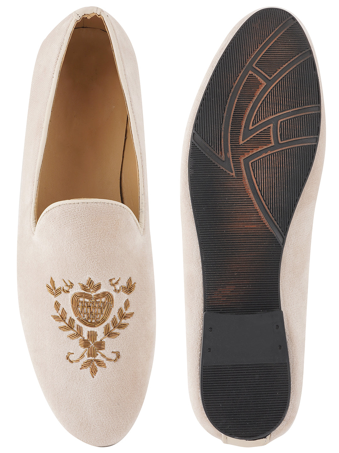 STYLE SHOES White Gold Toned Embroidered Suede Loafers Shoes for Men