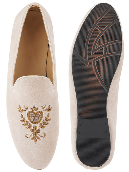 STYLE SHOES White Gold Toned Embroidered Suede Loafers Shoes for Men