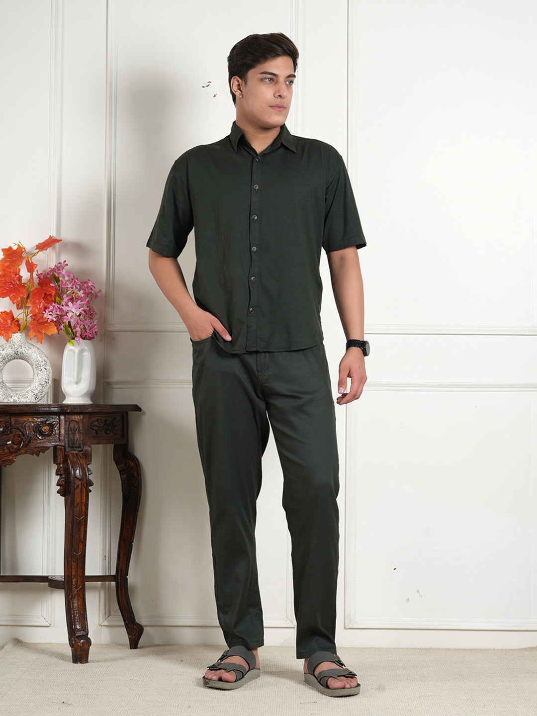 Dark Green Linen Collared Shirt and All Day Trouser Co-ord Set For Men