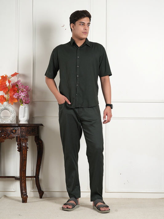 Dark Green Linen Collared Shirt and All Day Trouser Co-ord Set For Men