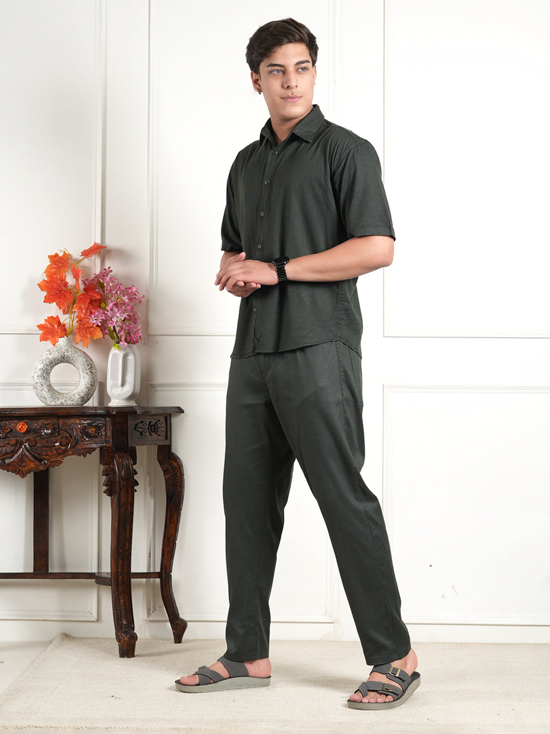 Dark Green Linen Collared Shirt and All Day Trouser Co-ord Set For Men