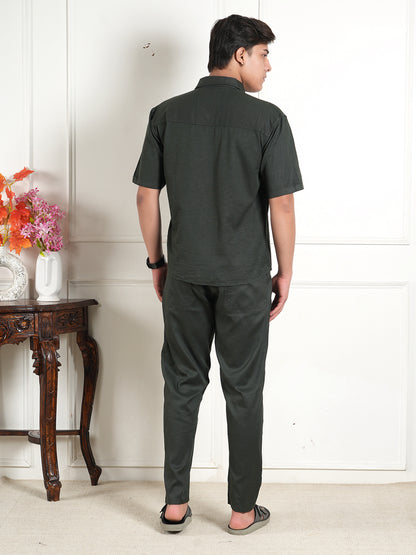 Dark Green Linen Collared Shirt and All Day Trouser Co-ord Set For Men