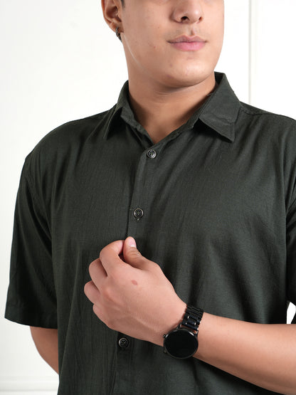 Dark Green Linen Collared Shirt and All Day Trouser Co-ord Set For Men