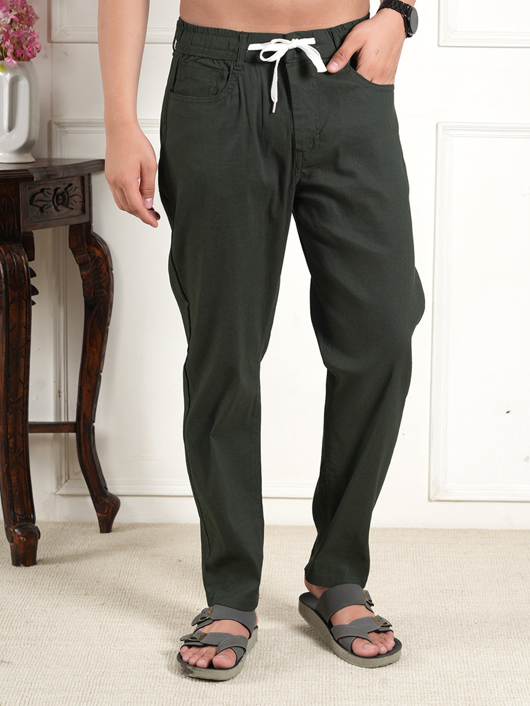 Dark Green Cotton Blend Collared Shirt and All Day Trouser Co-ord Set For Men