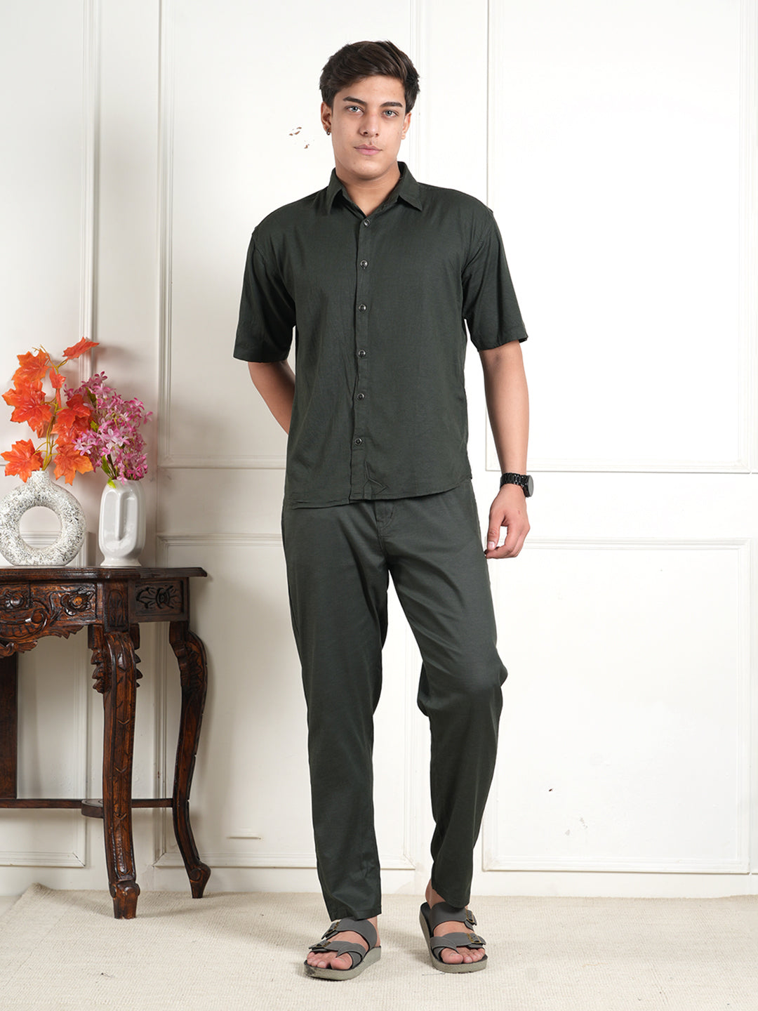 Dark Green Linen Collared Shirt and All Day Trouser Co-ord Set For Men