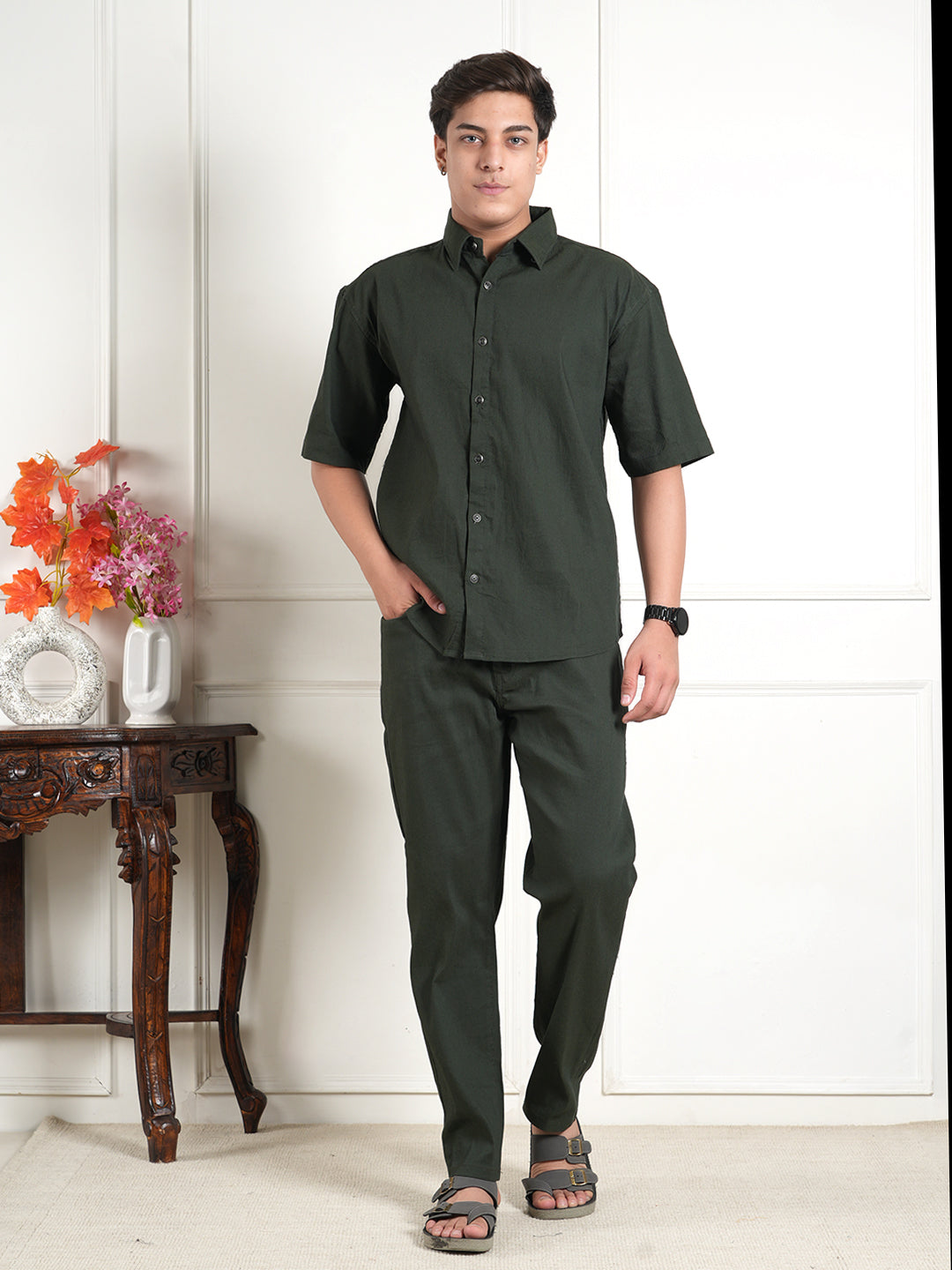 Dark Green Cotton Blend Collared Shirt and All Day Trouser Co-ord Set For Men
