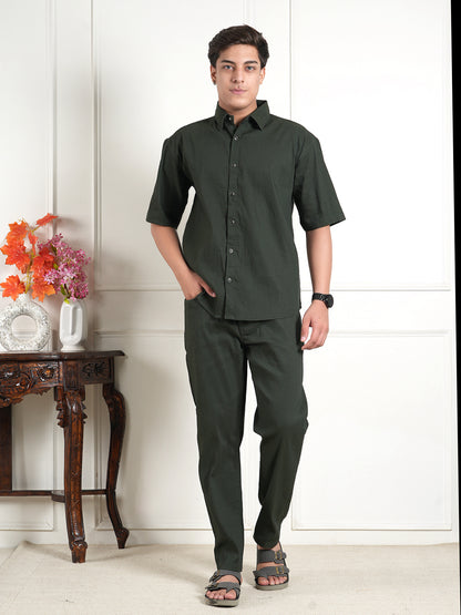 Dark Green Cotton Blend Collared Shirt and All Day Trouser Co-ord Set For Men