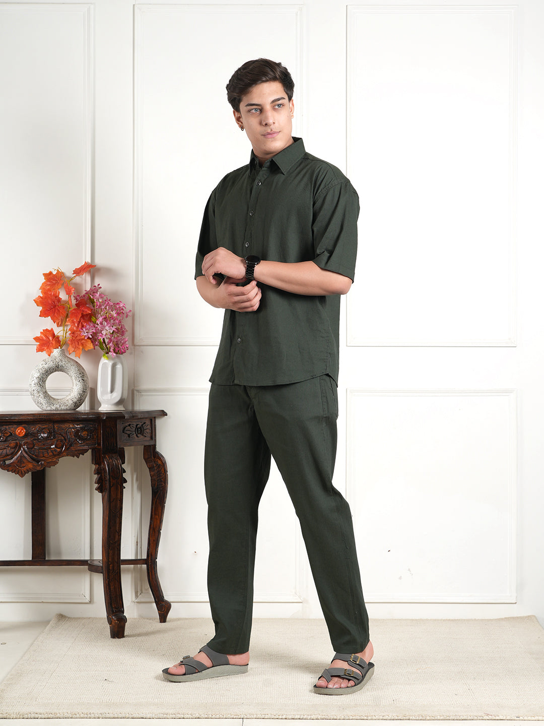 Dark Green Cotton Blend Collared Shirt and All Day Trouser Co-ord Set For Men