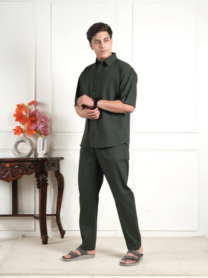 Dark Green Cotton Blend Collared Shirt and All Day Trouser Co-ord Set For Men