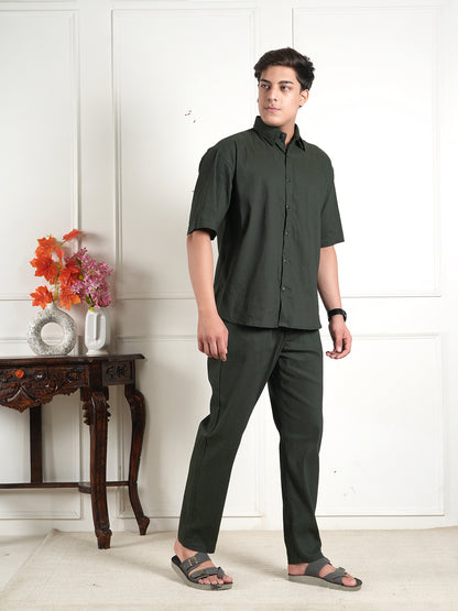 Dark Green Cotton Blend Collared Shirt and All Day Trouser Co-ord Set For Men