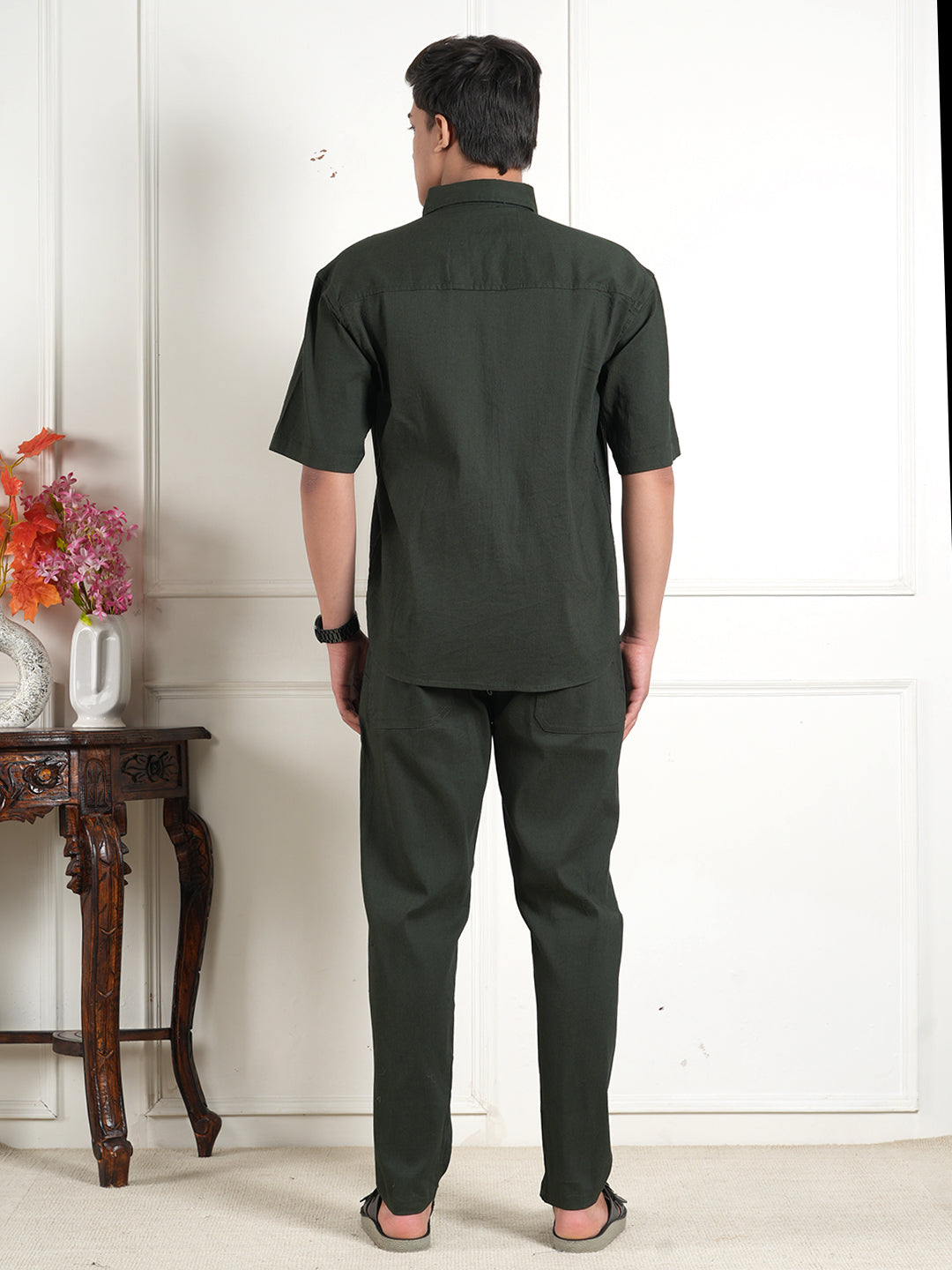 Dark Green Cotton Blend Collared Shirt and All Day Trouser Co-ord Set For Men