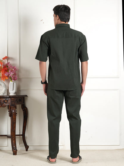 Dark Green Cotton Blend Collared Shirt and All Day Trouser Co-ord Set For Men