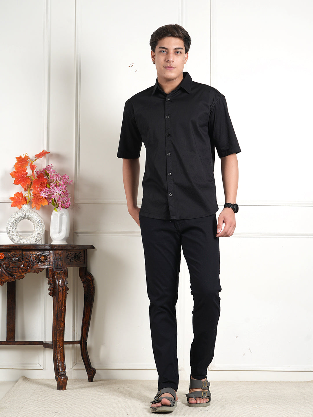 Black Linen Collared Shirt and All Day Trouser Co-ord Set For Men