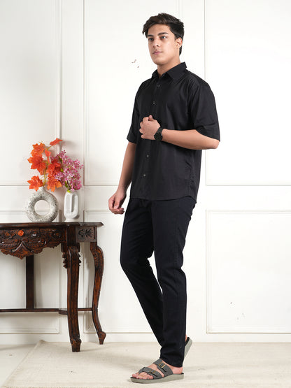 Black Linen Collared Shirt and All Day Trouser Co-ord Set For Men