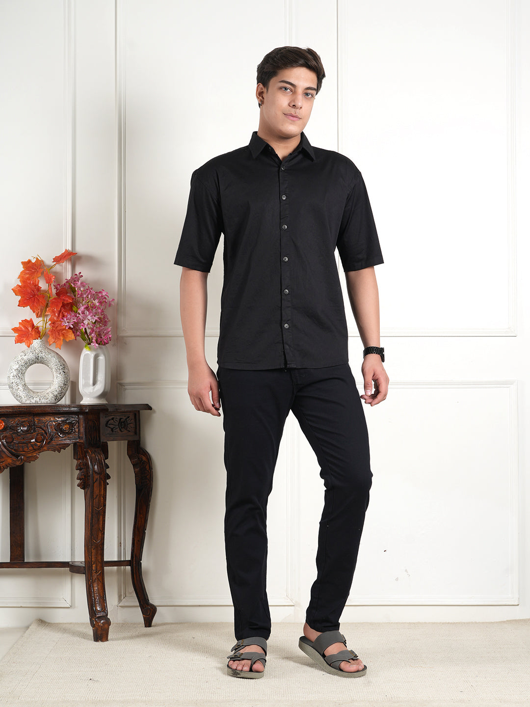 Black Linen Collared Shirt and All Day Trouser Co-ord Set For Men