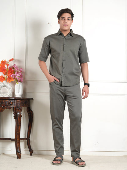 Grey Cotton Collared Shirt and All Day Trouser Co-ord Set For Men